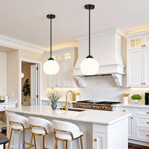 Image of MQMQA 2 Pack Globe Pendant Lights, Mid Century Matte Black Pendant Light Fixtures, Globe Pendant Lights Kitchen Island with Milk Glass Shade Hanging Fixture for Dining Room (Bulbs not Included)