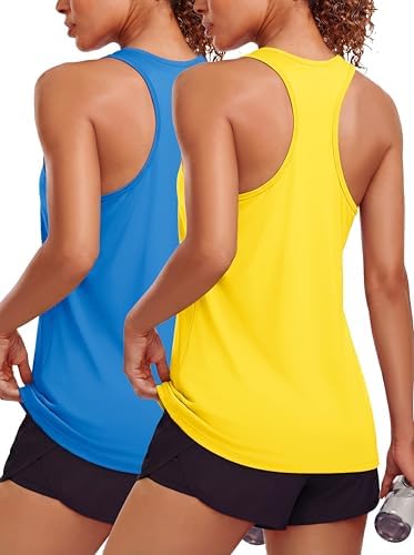 MAGCOMSEN Yellow Tops for Women Workout Racerback Multi Packs Tops Fitness Gym Dry Fit Sleeveless Tops Stretchy Azure S