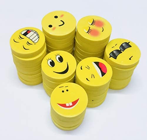 Smiley Attractive Erasers - Round Shape 2.5Cm Dia - More 40 Variety Of Expressions - Pack Of 100 Pieces (100), Yellow