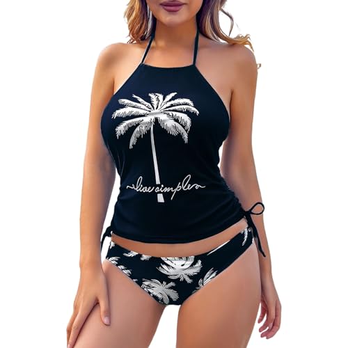 Generisch Maillot de bain tankini pour femme avec imprimé exotique noix de coco - Maillot de bain deux pièces conservateur pour femme, Noir , L