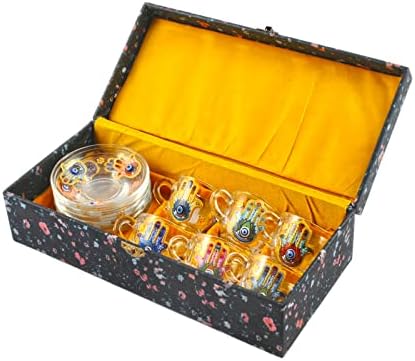 6 Coffee Set with Saucer, Arabic, Turkish, Greek Hand Decorated Porcelain, Blue Evil Eye Protection, Hamsa Fatima Hand Charm, Lucky Ornament, Best Gift (12 Pieces - Faitma's Hand Charm Glass)