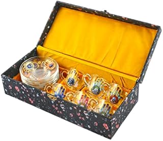 6 Coffee Set with Saucer, Arabic, Turkish, Greek Hand Decorated Porcelain, Blue Evil Eye Protection, Hamsa Fatima Hand Charm, Lucky Ornament, Best Gift (12 Pieces - Faitma's Hand Charm Glass)