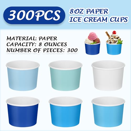 Image of Nuenen 300 Pcs 8 oz Summer Ice Cream Paper Cups Bulk Disposable Dessert Cups Solid Color Paper Dessert Bowls for Snack Sundae Spring Party Favors Ice Cream Bar Supplies (Winter Blue)