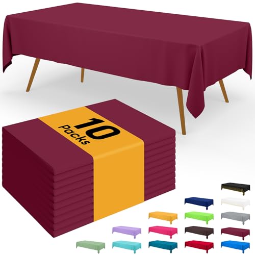 Image of Smiry Disposable Table Cloth - 10 Pack, 54 x 108 Inch Waterproof Rectangle Tablecloths for Parties, Decorative Plastic Table Cover, Leakproof & Sturdy, Wine Red