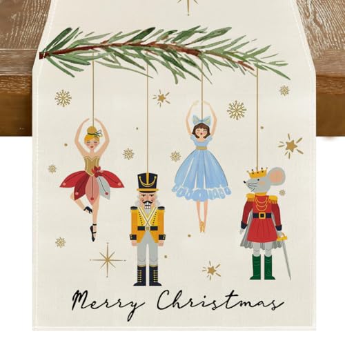 ARGOOFG Runner da tavola con scritta "Merry Christmas" e schiaccianoci, decorazione natalizia per interni ed esterni, decorazione per casa, feste, 33 x 122 cm