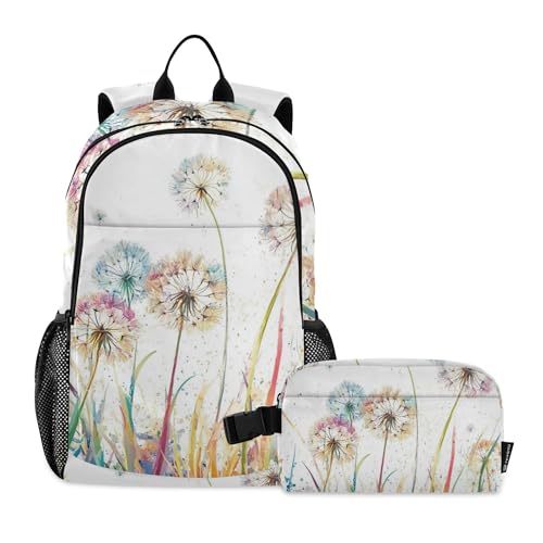 Watercolor Dandelions Flowers Backpack with Lunch Bag for Kids Boys Girls Travel School Backpack Set