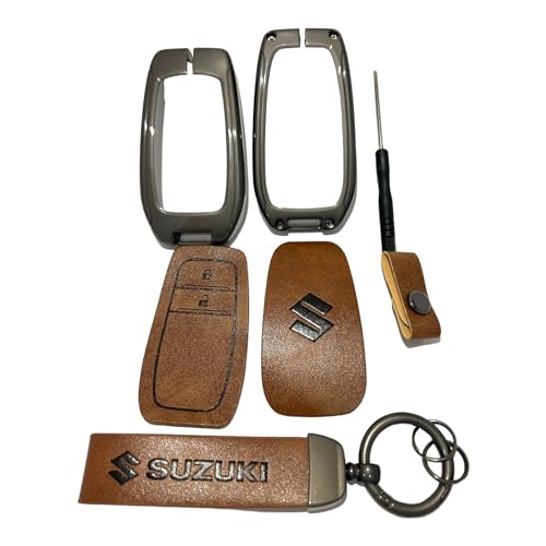 Image of Zinc Metal Alloy Leather Car Key Cover & Case Brown with Keychain & Holder Compatible for Maruti Suzuki Invicto (2 Button Push Smart Key)