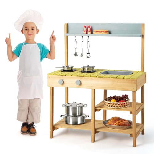 COSTWAY Cuisine Extérieure Enfant en Bois avec Évier Amovible et Bouton Rotatif, Cuisine de Boue avec 2 Pots et 3 Crochets Suspendus, Étagère Ouverte, Cuisine Boueuse pour Enfants de 3 Ans+