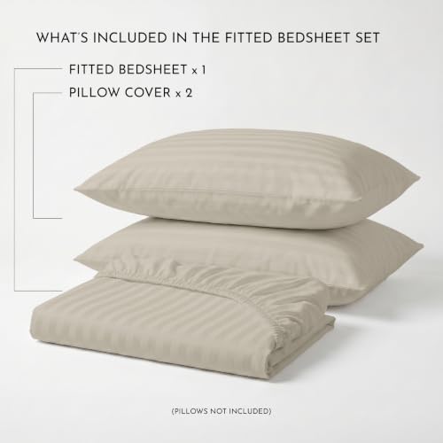 Image of Blue Dahlia 100% Cotton, King Size /Double, Elastic Fitted Bedsheet (72 inchx78 inch) + 2 Pillow Covers, Silky Smooth Feel, 12 inch Deep Mattress Pocket, 300TC Self Striped Premium Bedsheet, Colour: Beige