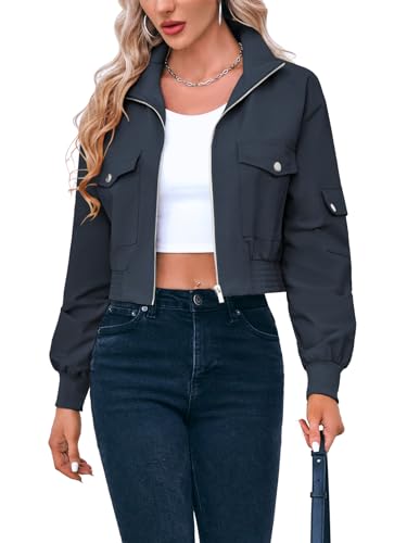 Fisoew Women's Cropped Bomber Jackets Lightweight Zip Up Stand Collar Long Sleeve Short Jacket with Pockets
