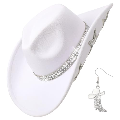 Meng Jiaran Western Style Cowboy Hat White Cowgirl Hat Glitter Star Cowboy Hat Wide Brim Cowgirl Hat for Festivals Fancy Dress Cosplay Music Concerts