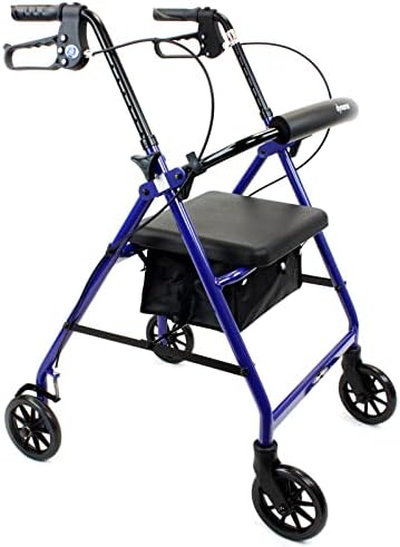 Dynarex DynaGo Quad Rollator is a 4 Wheel Rolling Walker with a Padded Seat, Backrest and Storage Pouch with a Durable Frame to Support 300 Lb. Weight Capacity, 6” Wheels, Blue Frame, 1 Rollator