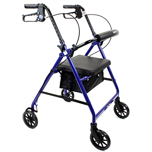 Dynarex Dynago Quad Rollator Is A 4 Wheel Rolling Walker With A Padded Seat, Backrest And Storage Pouch With A Durable Frame To Support 300 Lb. Weight Capacity, 6” Wheels, Blue Frame, 1 Rollator #TOP2