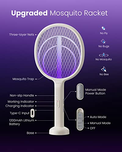Gaiatop Electric Fly Swatter, 3200V Rechargeable 2 In 1 Fly Swatter, 1200Mah Bug Zapper Racket With Uv Light Fly Zapper Dual Mode For Indoor And Outdoor Home Office Backyard Patio Camping #TOP6
