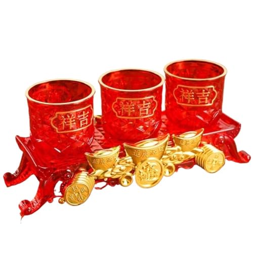VGGBNG Ceramic Altar Cup, 3pcs/Set Plastic Offering Cup with Red and Gold Design, Buddha Water Purification, Holy