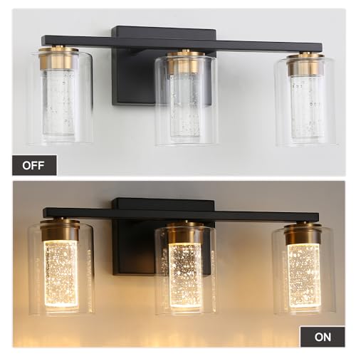 Image of 3-Light Black Bathroom Light Fixture, Dimmable 5CCT Black and Gold Bathroom Vanity Lights, 2700K to 6500K Modern Crystal Bubble LED Wall Sconce Over Mirror with Clear Glass