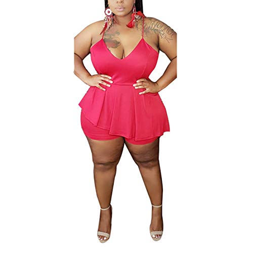 Womens Plus Size Spaghetti Strap Short Jumpsuits V Neck One Piece Romper Jumpsuits Playsuit Red 2XL Womens Plus Size Spaghetti Strap Short Jumpsuits V Neck One Piece Romper Jumpsuits Playsuit Red 2XL