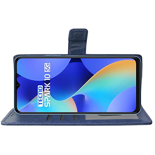 Image of Amazon Brand - Solimo Flip Leather Mobile Cover (Soft, Flexible & Kickstand Back case) Compatible for Tecno Spark 10 5G (Blue)