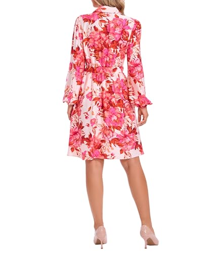 Image of Women Long Sleeve Spring Button Down A-Line Floral Print Summer Cocktail Shirt Dresses with Belt