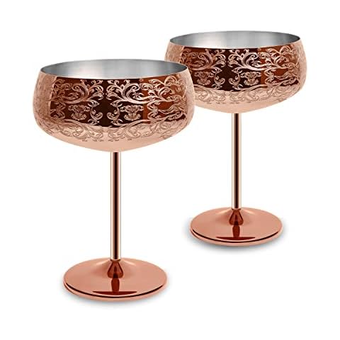 Sky Fish Martini Cocktail Glasse, 14 oz Stainless Steel Coupe Glass with 2 Picks, Set of 2 (Rose Gold) Cover