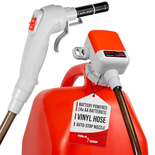 TERA PUMP TRFA03 Universal Gas Can Adapter Battery Powered Fuel Transfer Pump (2.6 GPM) No Spill Sensor, 3.28 ft Vinyl Hose, Power Nozzle, 4 x AA Power