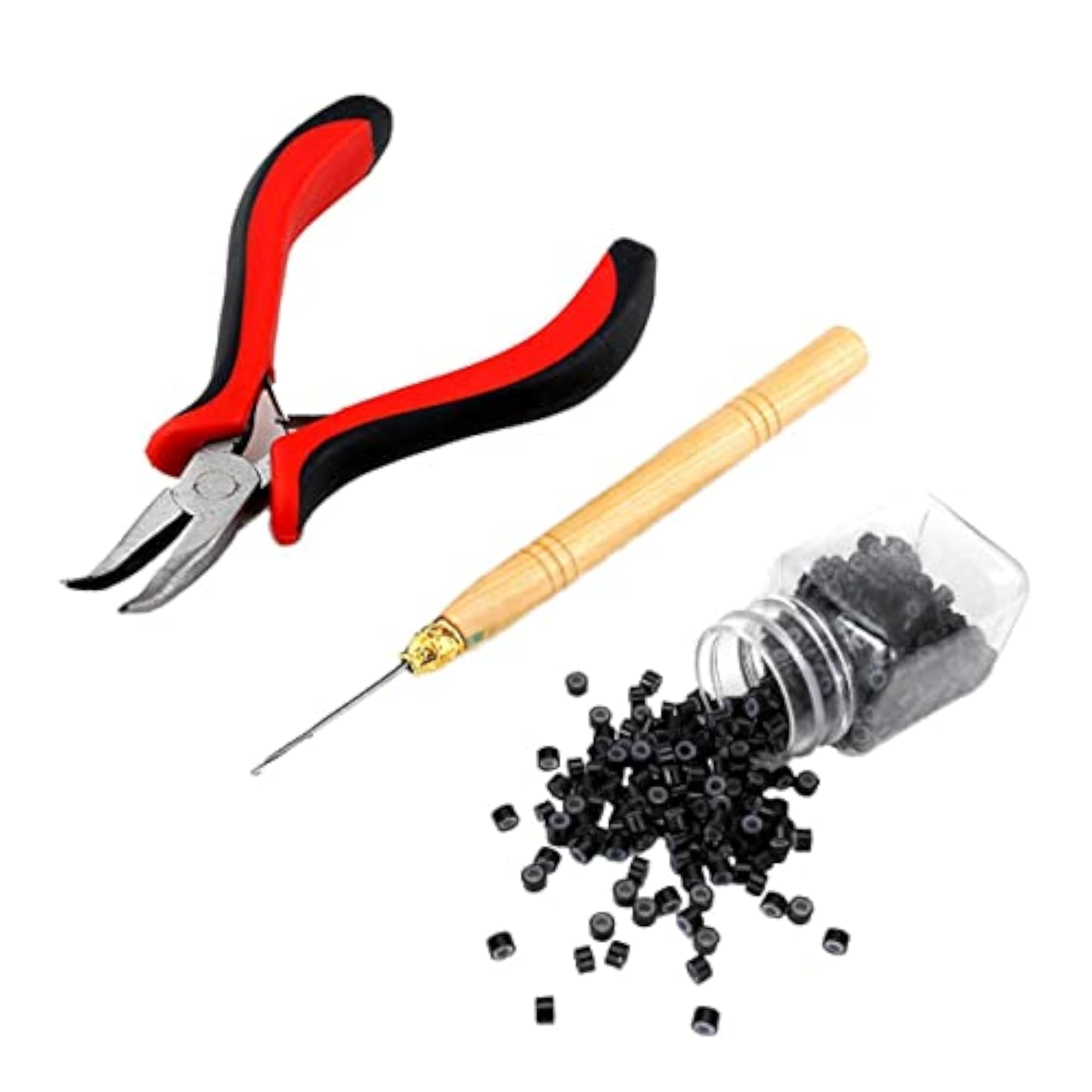 Professional Hair Extension Tool Pliers Hook Needle with 500 PCS Micro Silicone Rings Beads