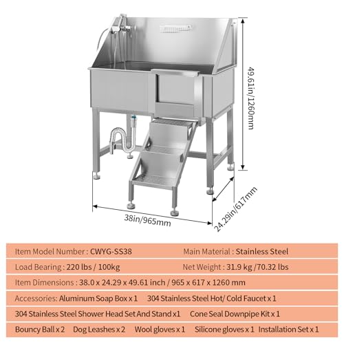 Dog Washing Station 38\'\' Stainless Steel Pet Grooming Tub for Large Dogs Over-Size Professional Dog Grooming Bathtub Station Wash Shower Sink Pet Grooming Bathtub Station,Right Door