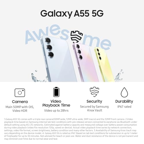 Samsung Galaxy A55 5G, Factory Unlocked Android Smartphone, 128GB, 8GB RAM, 2 day battery life, 50MP Camera, Awesome Navy, 3 Year Manufacturer Extended Warranty (UK Version) Samsung Galaxy A55 5G, Factory Unlocked Android Smartphone, 128GB, 8GB RAM, 2 day battery life, 50MP Camera, Awesome Navy, 3 Year Manufacturer Extended Warranty (UK Version)
