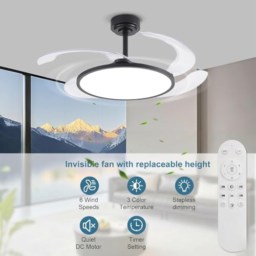Image of oltao Zyro Slim Retractable Ceiling Fan with BLDC Motor, 3 Colour LED Light, Summer /Winter Mode and Remote, 42 inch Sweep (2026 Model), Black