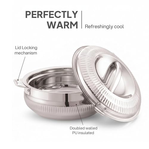 Image of CELLO Aroma 2000 Insulated Stainless Steel Casserole Hot Pot Box for Daily Use 2000 ml Silver | Keeps Food Hot & Warms for Long Hours, Food Grade Double Wall PU Insulated Roti Rice Hot Pot Casserole