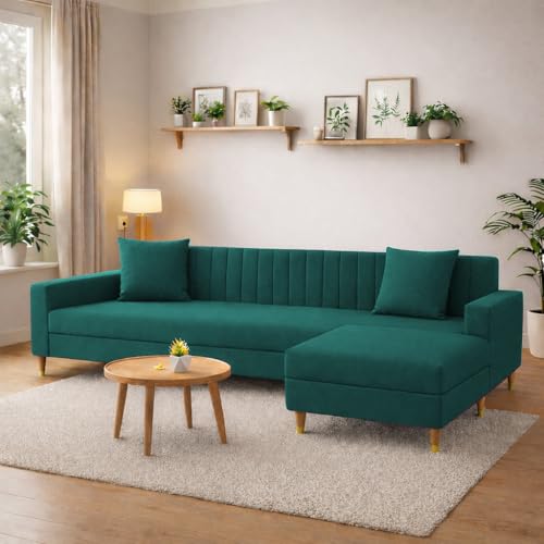 Image of Casaliving Garcia 4 Seater L Shape Convertible Sofa Set for Living Room, 3 Seater & Ottoman Modular Sectional Couch for Small Space (Pine Colour Premium Fabric)