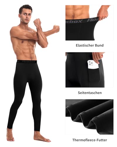 Roadbox Lange Kompressionshose Herren, Thermo Funktionsunterwäsche mit Fleece, Laufen Fitness Training Sportleggings mit Taschen