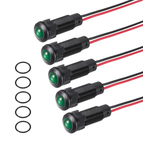 PATIKIL 5Pcs 8mm(5/16") Indicator Light,110V-220V AC/DC LED Plastic Shell Signal Lamp Waterproof IP67 Round Head Signal Lights with 150mm(5.9") Cable for Boat Car,Green