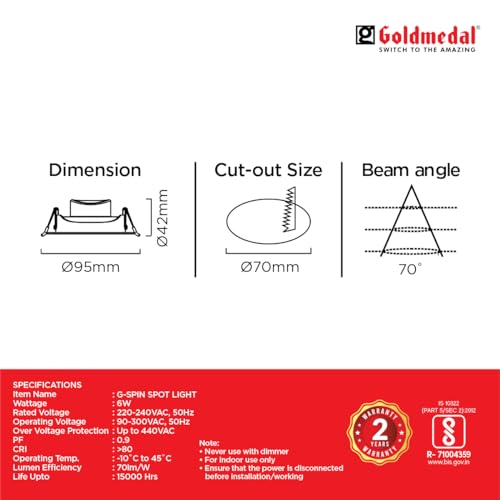 Image of Goldmedal G-Spin 6W LED Round Spot Light|Recessed Downlight for False Ceiling|Cut-Out: O2.75 Inches| for Home,Office,Indoor & Outdoor |High Lumen|Neutral White(4000K)