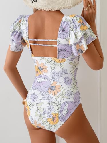 Image of Eomenie Women's Tummy Control One Piece Swimsuit Ruffle Square Neck Bathing Suit Ruched Cutout Back Slimming Swimwear