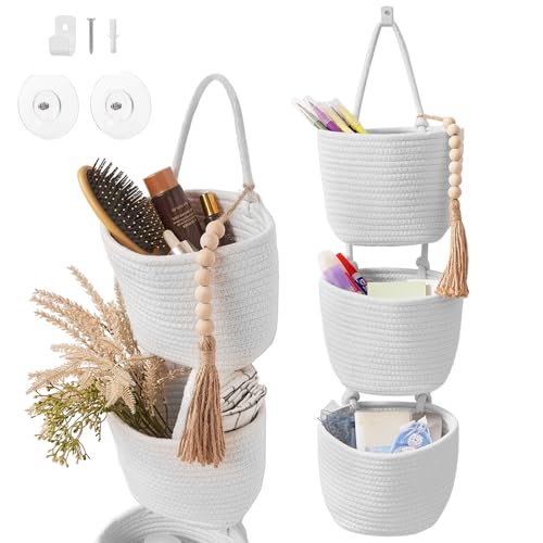 Fabric Wall Hanging Organizers - Small Woven Baskets Pouches Set Boho Style Wall Mounted Bag with Adhesive Hook, Storage Decoration Pocket Caddy for Closet Playroom RV Nursery (White & White)