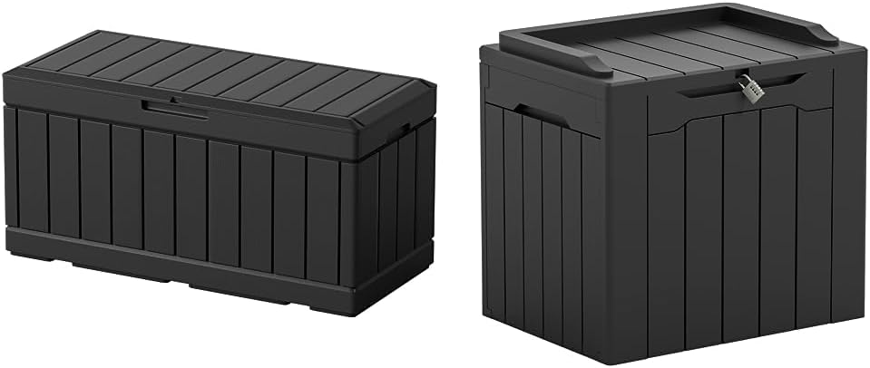 Greesum 82 Gallon and 31 Gallon Resin Deck Boxes Large Outdoor Storage Bundle for Patio Furniture, Garden Tools, and Pool Supplies