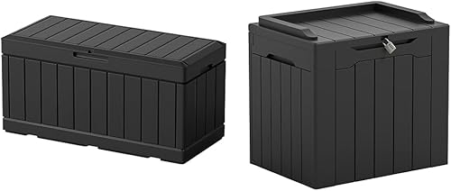 Greesum 82 Gallon and 31 Gallon Resin Deck Boxes Large Outdoor Storage Bundle for Patio Furniture, Garden Tools, and Pool Supplies