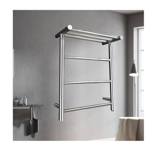 Stainless Steel Heated Towel Racks for Bathroom,Electric Towel Shelf Wall Mounted with Top Shelf,Towel Warmer Radiator with 4 Bars,Gold Display,Plug in Right