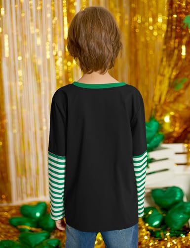 Image of Unisex Kid's St Patrick's Day Shamrock Top Striped Patchwork Irish Clover Long Sleeve Shirt 4-14 Years