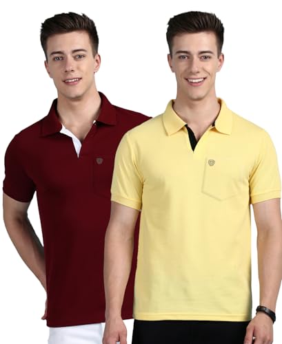 Image of Lux Cozi Men Cotton Regular Fit Polo Neck Half Sleeve Solid Casual T-Shirt with Chest Pocket | Pack of 2 |