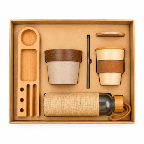 Image of Giftana 6 in 1 Eco Friendly Desk Gift Set with Bottle 500ml, Coffee Cup 350ml, Planter, Pen & Wooden Desk Organizer, Corporate Gift Set for Employees, Office, Men & Women, Birthday & Housewarming Gift