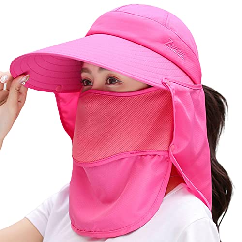 Image of Women Wide Brim Face Mask Sun Hat Detachable Neck Face Flap Ponytail UV Protection Visor Hat Garden Fishing Hiking