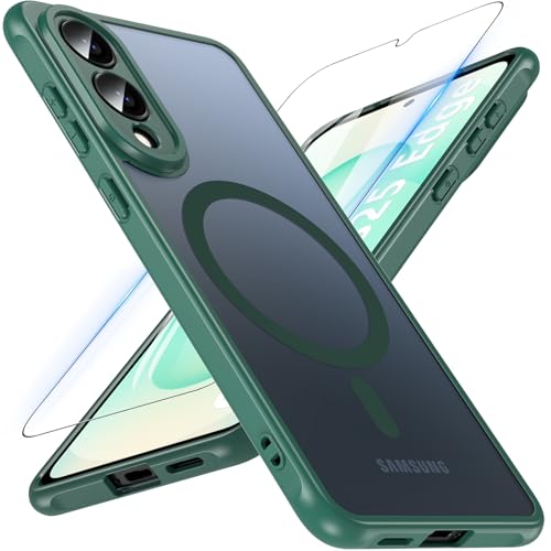 Image of OWKEY for Samsung Galaxy S25 Edge Case 6.7'', Magnetic S25 Edge Case for Magsafe with Tempered Glass Screen, [Shockproof Military] Translucent Back Slim Bumper Cover Phone Case Galaxy s25 Edge, Green