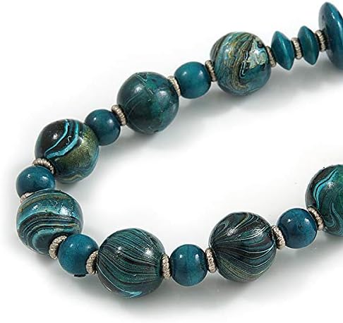 Avalaya ティールウッドビーズライトブルーコットンコードネックレス &ndash; 最大長さ80cm &ndash; 調節可能, One Size,