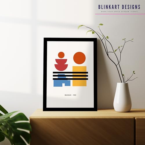 Image of BLINKART Vintage Bauhaus Retro Geometric Aesthetic Poster Gallery | Colorful Wrap Framed For Home Office Studio Living Room Modern Art Studio Decoration Abstract Shapes | (d78) | 13x10 Inch