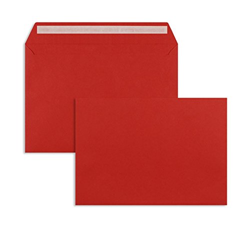 100 Stück, Farbige Briefumschläge, DIN C5, Haftklebung mit Abziehstreifen, Gerade Klappe, 120 g/qm Offset, Ohne Fenster, Rot (Intensivrot), Blanke Briefhüllen