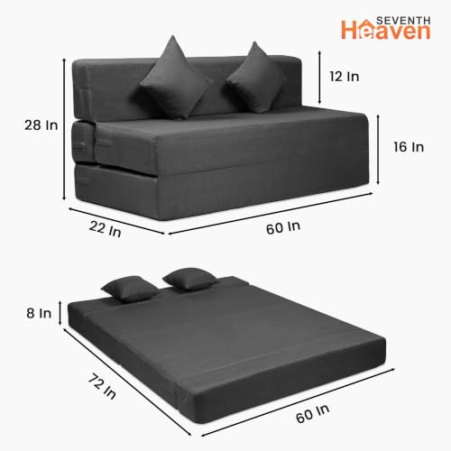 Image of Seventh Heaven Rejioce 3 Seater 5 * 6 Jute Fabric Washable Cover Sofa Cum Bed with 2 Cushions 3 Seater Double Foam Fold Out Sofa Cum Bed (Finish Color - Dark Grey Delivery Condition - Pre-Assembled)