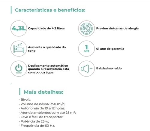 Umidificador de Ar 4,3 Litros, Ultrassônico, Umi Ultra Dellamed, Branco, Bivolt, Com Reservatório pa