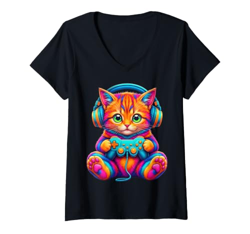 Femme Gamer Cat Video Games Boys Teen Men Girls Funny Gift Gaming T-Shirt avec Col en V